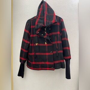 Baby Phat Red and Black Plaid Pea Coat With A Hood - XL